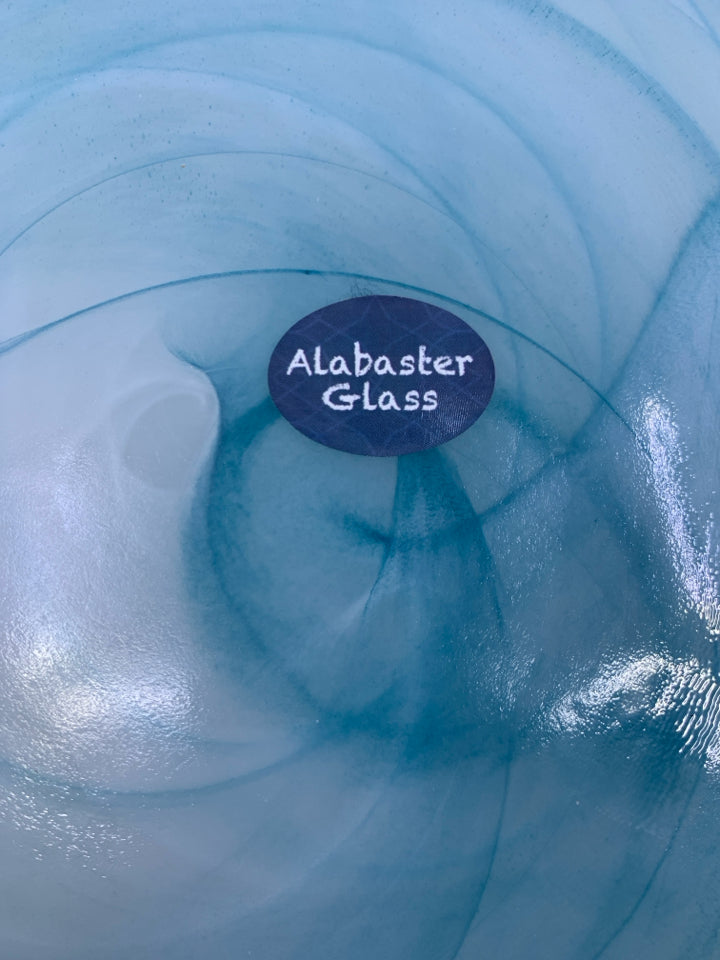 LIGHT BLUE GLASS PLATTER W/ WHITE SWIRLS.