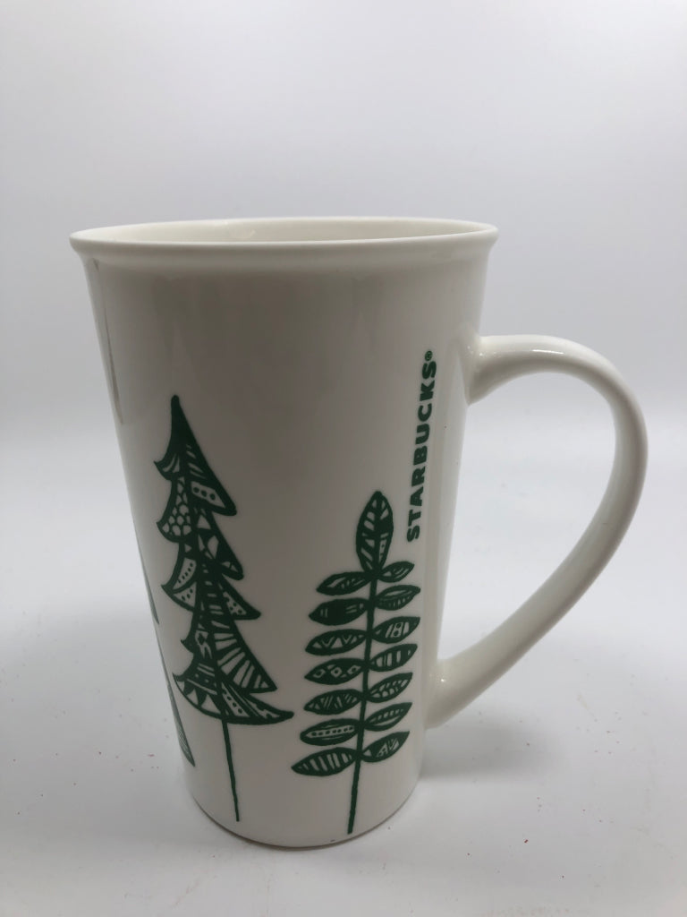 TALL WHITE W/GREEN TREES STARBUCKS MUG.