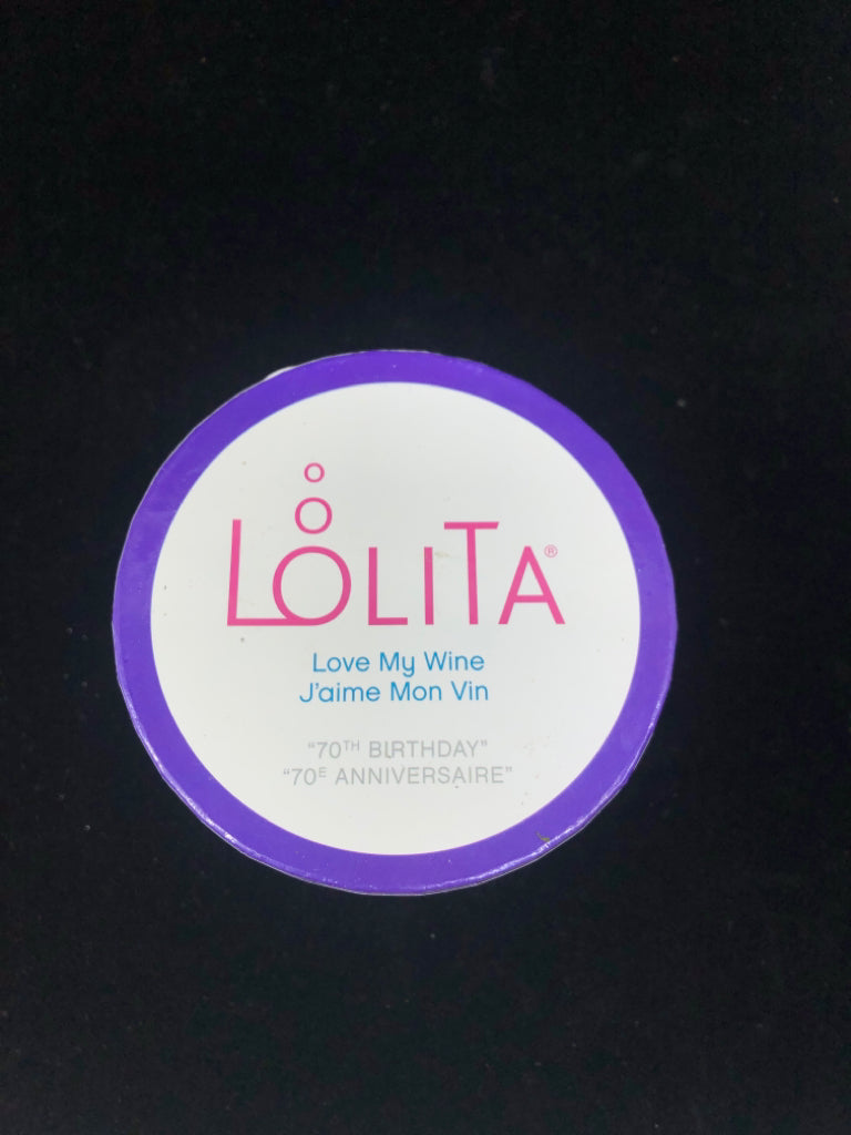 NIB STEMLESS 70TH BIRTHDAY WINE GLASS LOLITA.
