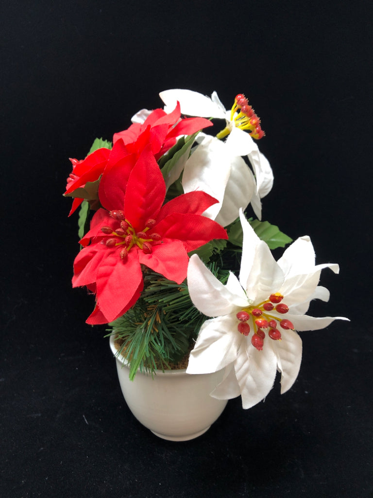 FAUX RED/WHITE POINSETTIA IN WHITE PLANTER.