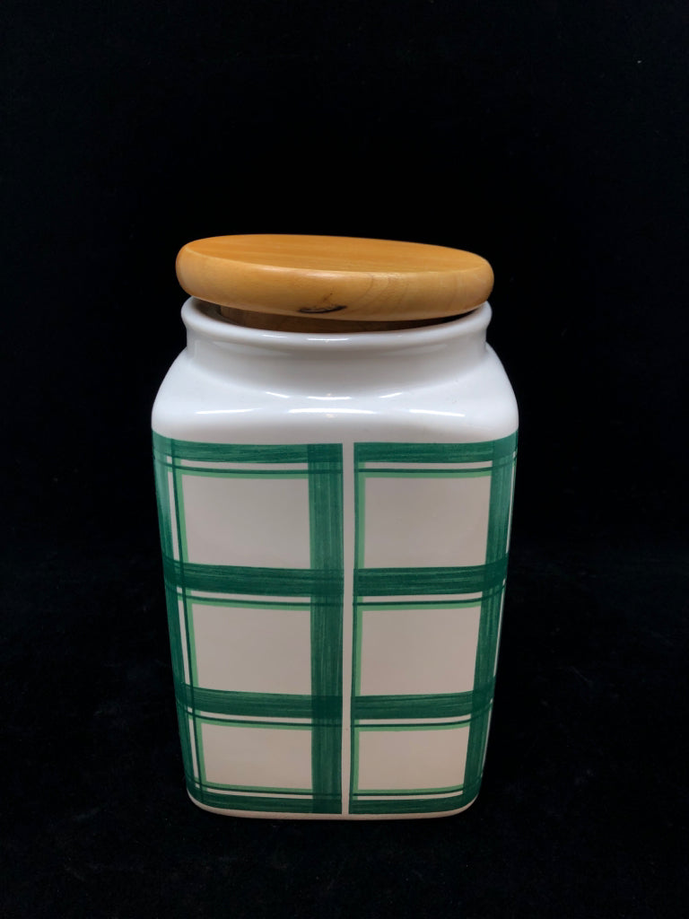 LEMON PAINTED GREEN PLAID CANISTER W/BAMBOO LID.
