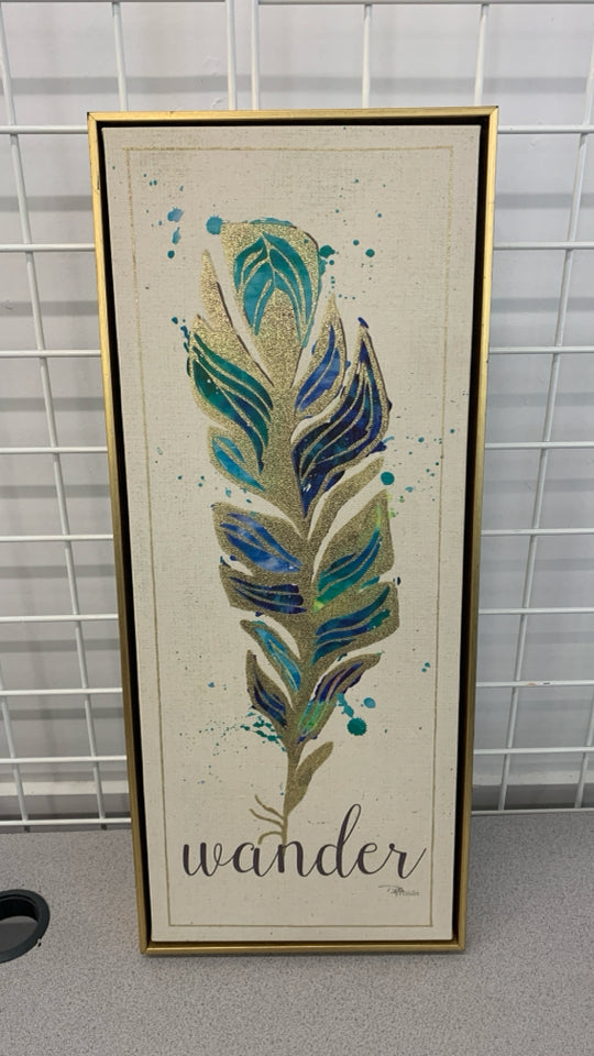 WANDER GOLD/TEAL FEATHER CANVAS IN GOLD FRAME.
