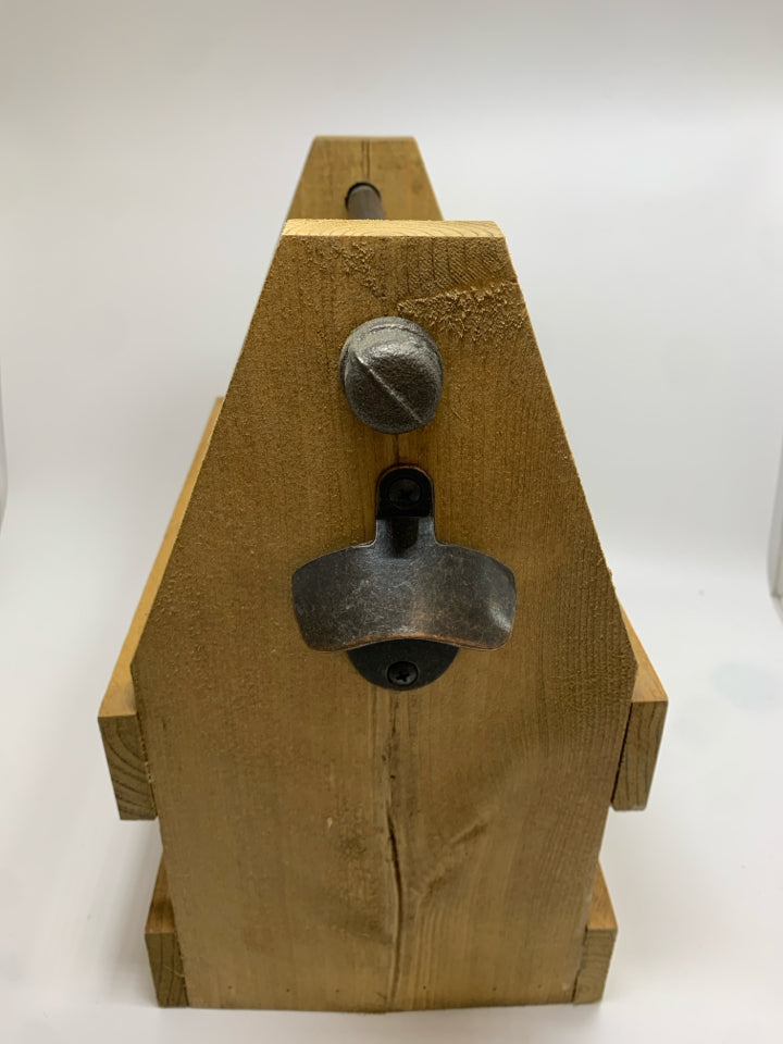 WOODEN BEER CADDY W/BOTTLE OPENER.