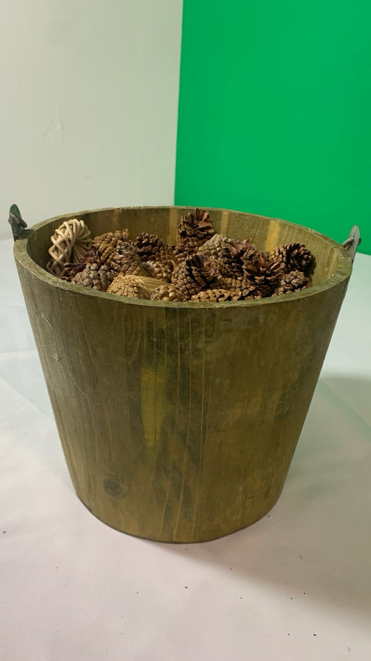 WOOD GREEN BUCKET W/ PAINTED PUMPKIN W/ FILLER INSIDE.