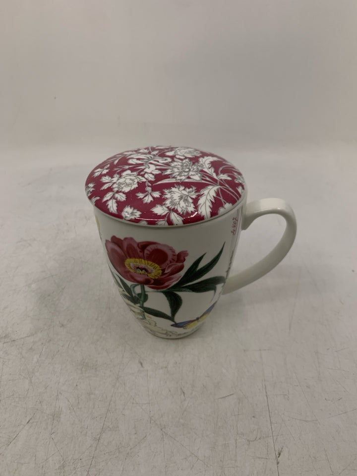 COLORFUL FLORAL MUG W/ LID.
