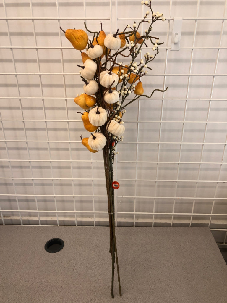 FAUX PUMPKIN AND PEAR VASE BOUQUET.