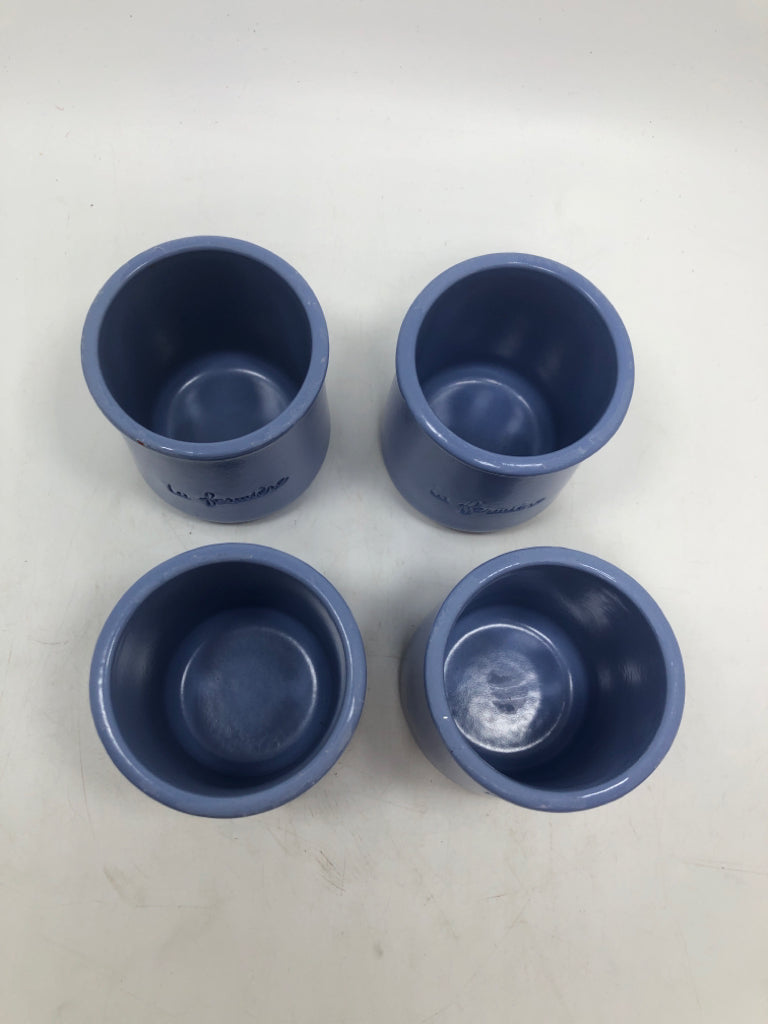 4 LA FERMIERE BLUE GLAZED TERRA COTTA POTS.