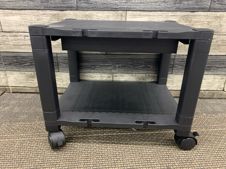 BLACK PLASTIC 2 TIER ROLLING CART W/ SMALL DRAWER.