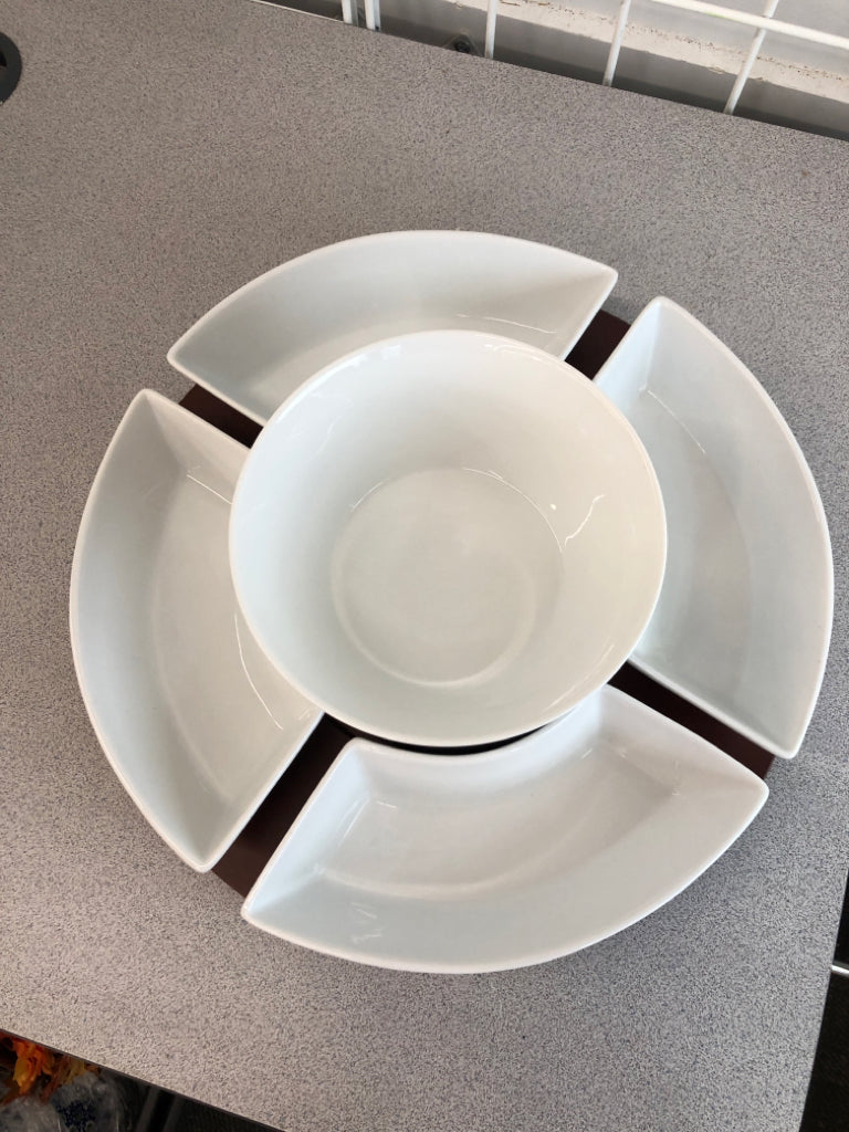 6PC WHITE CERAMIC SERVING SET ON WOOD TRAY.