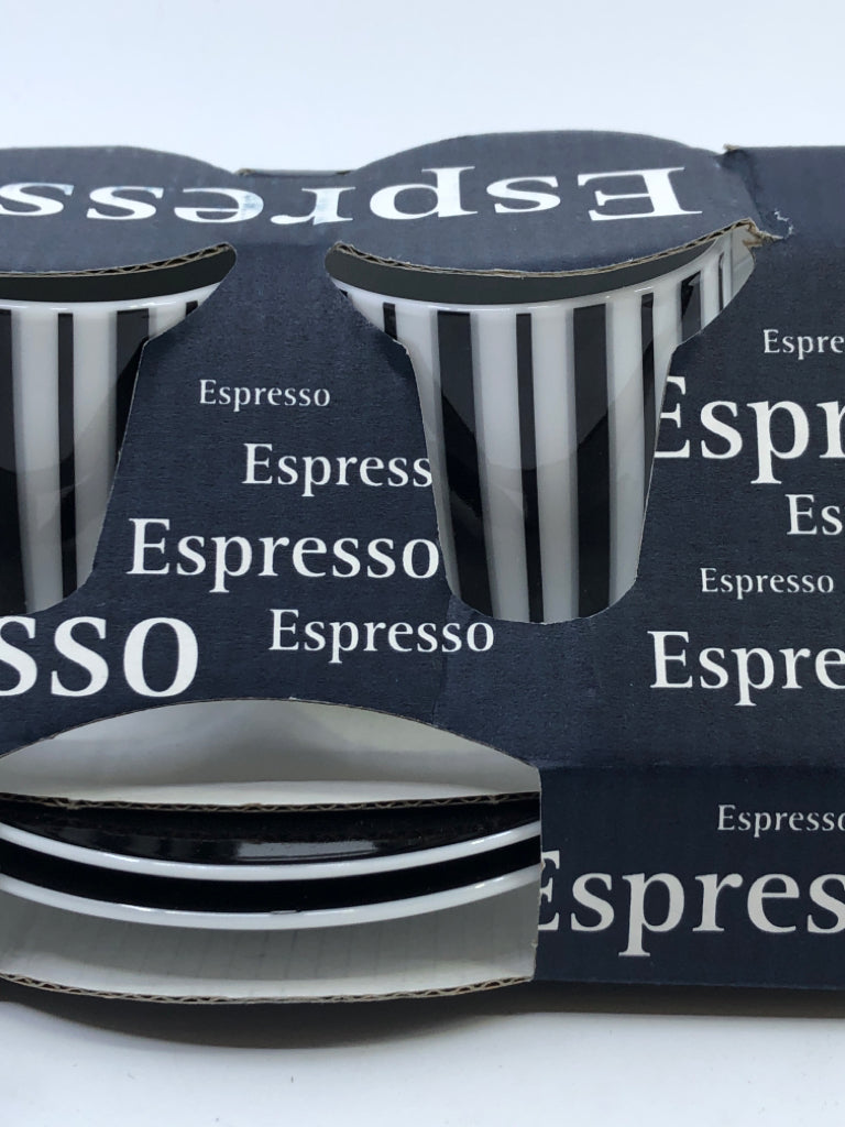 NIP 4 PC WHITE W/ BLACK STRIPES ESPRESSO CUPS.