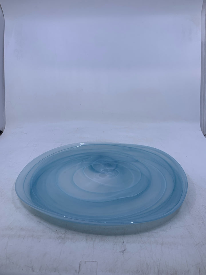 LIGHT BLUE GLASS PLATTER W/ WHITE SWIRLS.