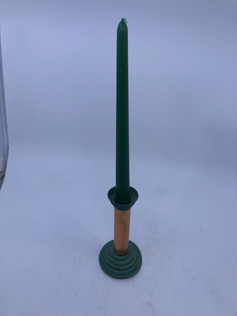 3 COPPER CANDLE HOLDERS W CANDLES.