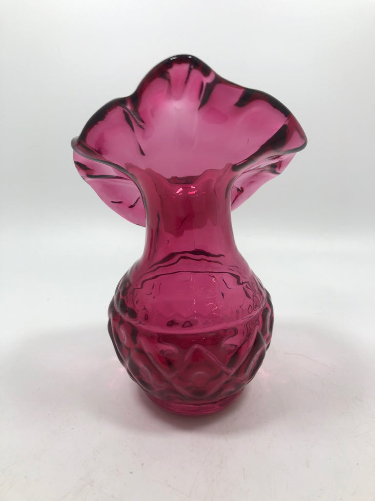VTG PINK GLASS "JACK-IN-THE-PULPIT" VASE.