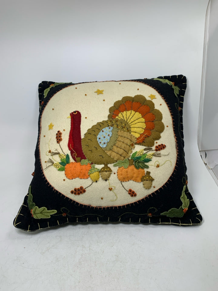 BLACK FELT PILLOW W/ BEADED TURKEY.