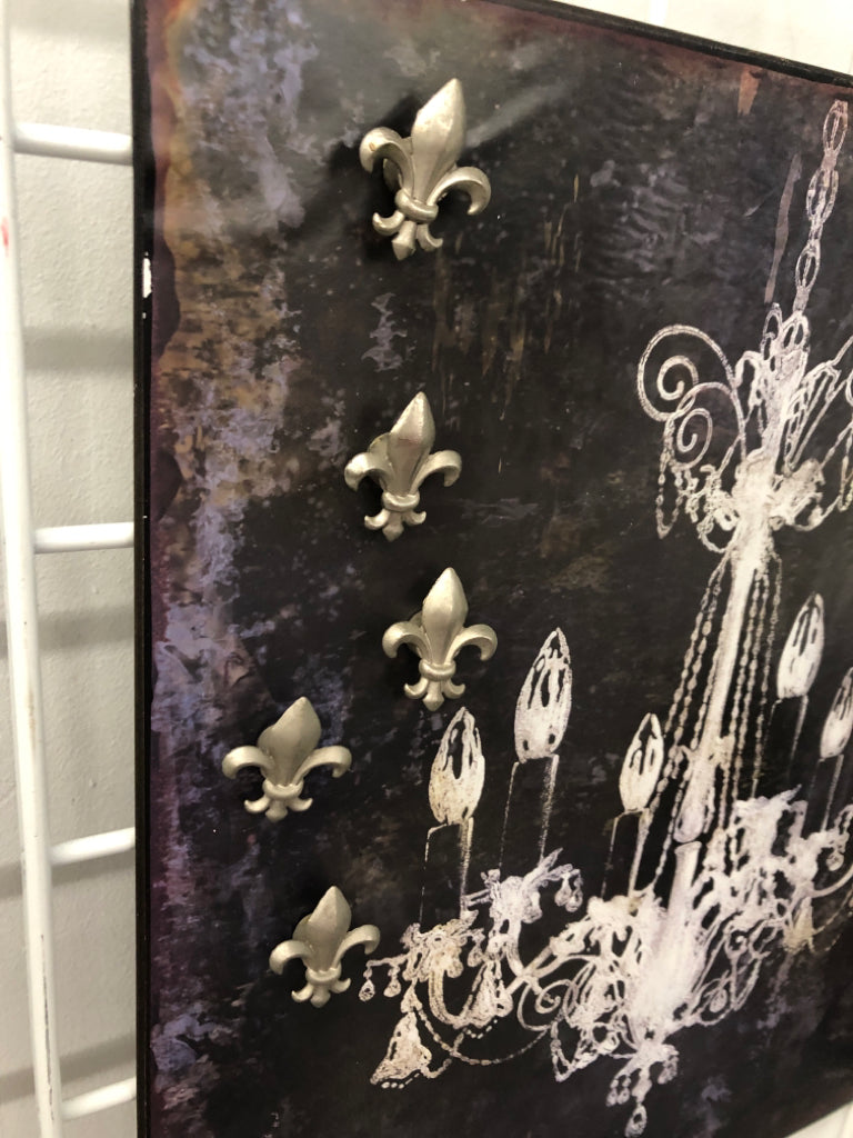 MAGNETIC CHANDELIER MEMO-BOARD W/FLEUR-DE-LIS MAGNETS.