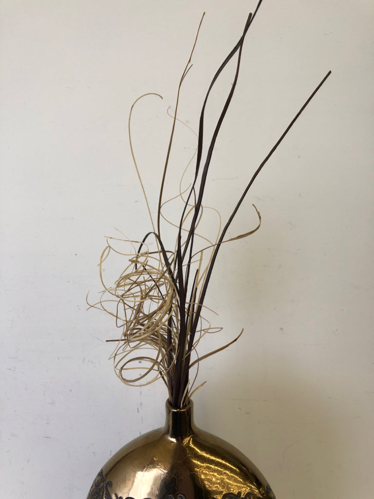 BRASS EMBOSSED WIDE VASE W TWIGS.