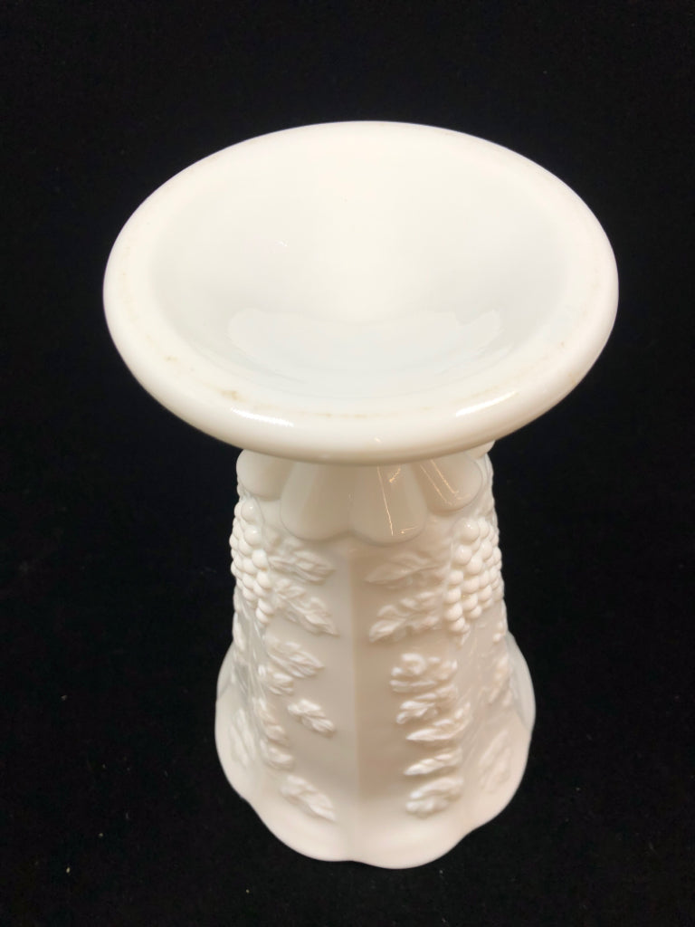 VTG GRAPES EMBOSSED MILK GLASS FOOTED VASE.