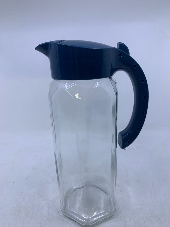 GLASS PITCHER W/ BLUE PLASTIC HANDLE/LID.