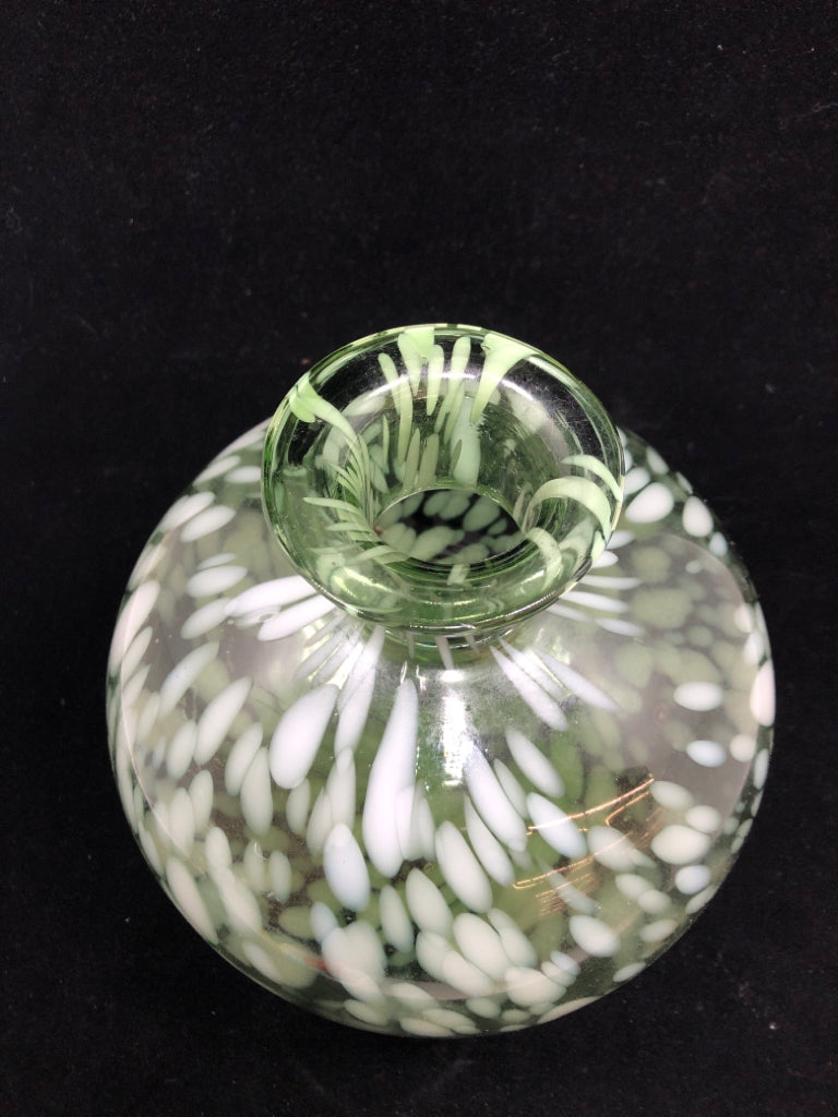 GREEN GLASS WHITE SPECKLED VASE.