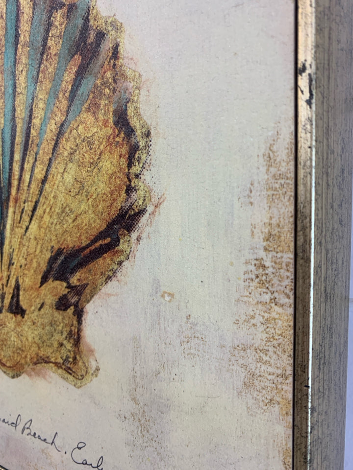 CLAM SHELL PAINTING IN GOLD FRAME.