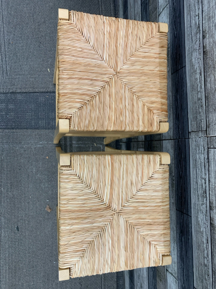 2 WOVEN SEAT SQUARE BAR STOOLS.