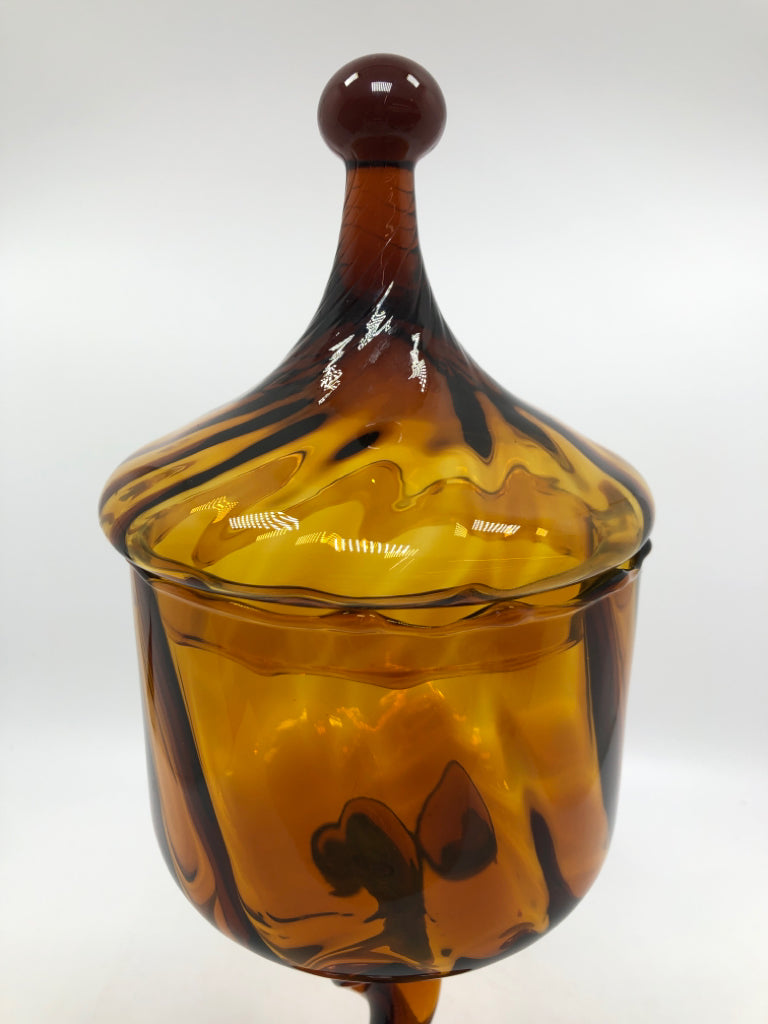 VTG AMBER GLASS RAISED SWIRL CANDY JAR.