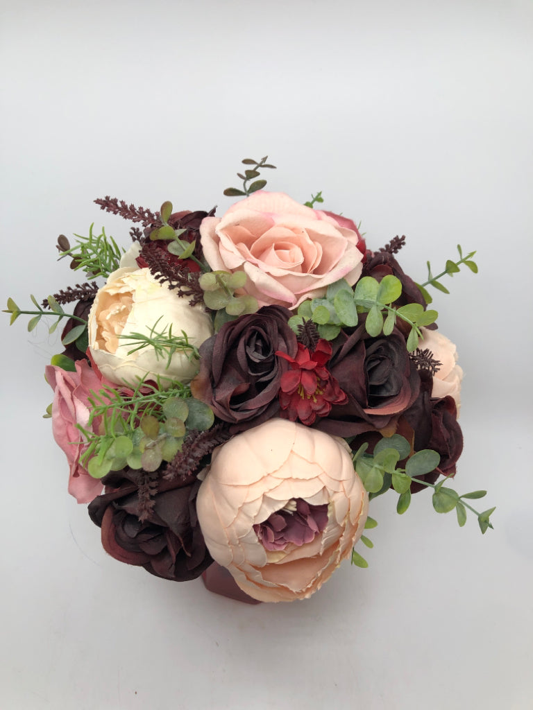 CRANBERRY & PINK ROSES IN RED VASE.