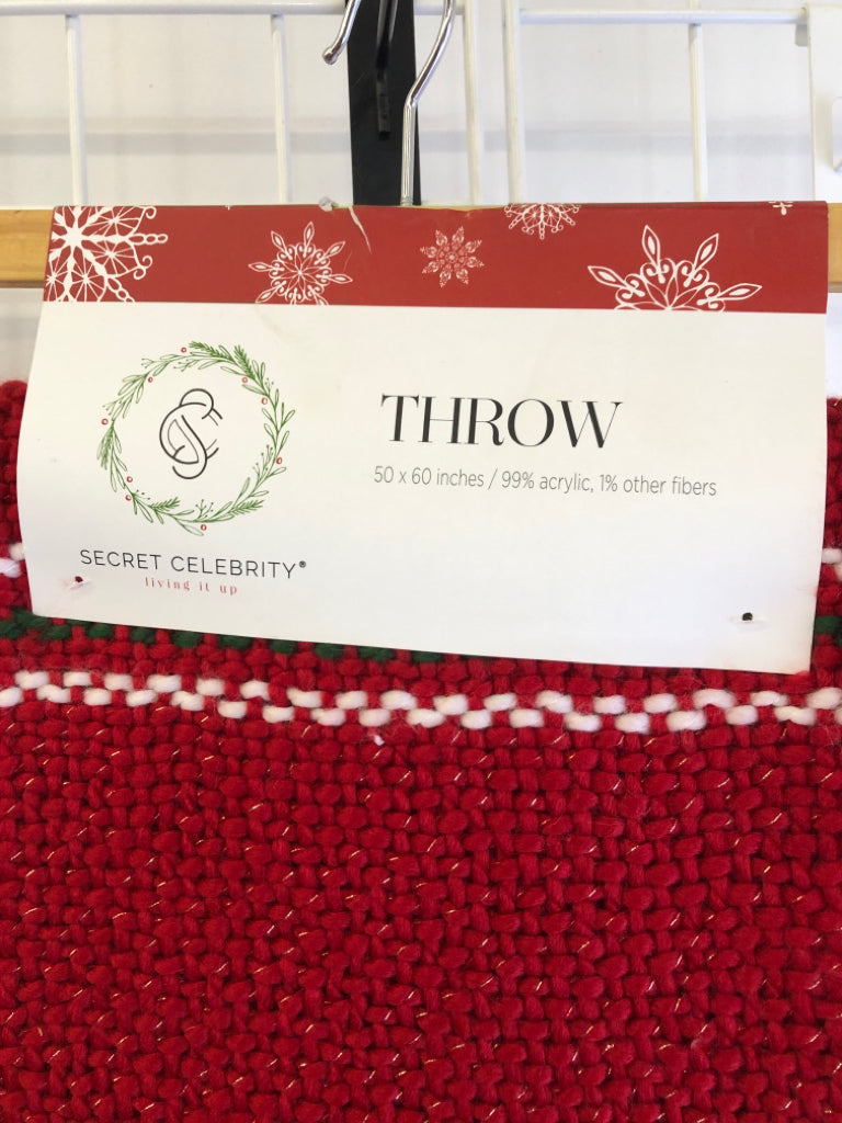 NEW RED CROCHET THROW GREEN, WHITE STRIPE.