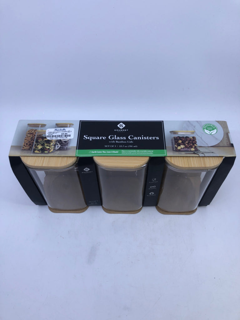 NIP SQUARE GLASS CANISTERS W/BAMBOO LIDS.