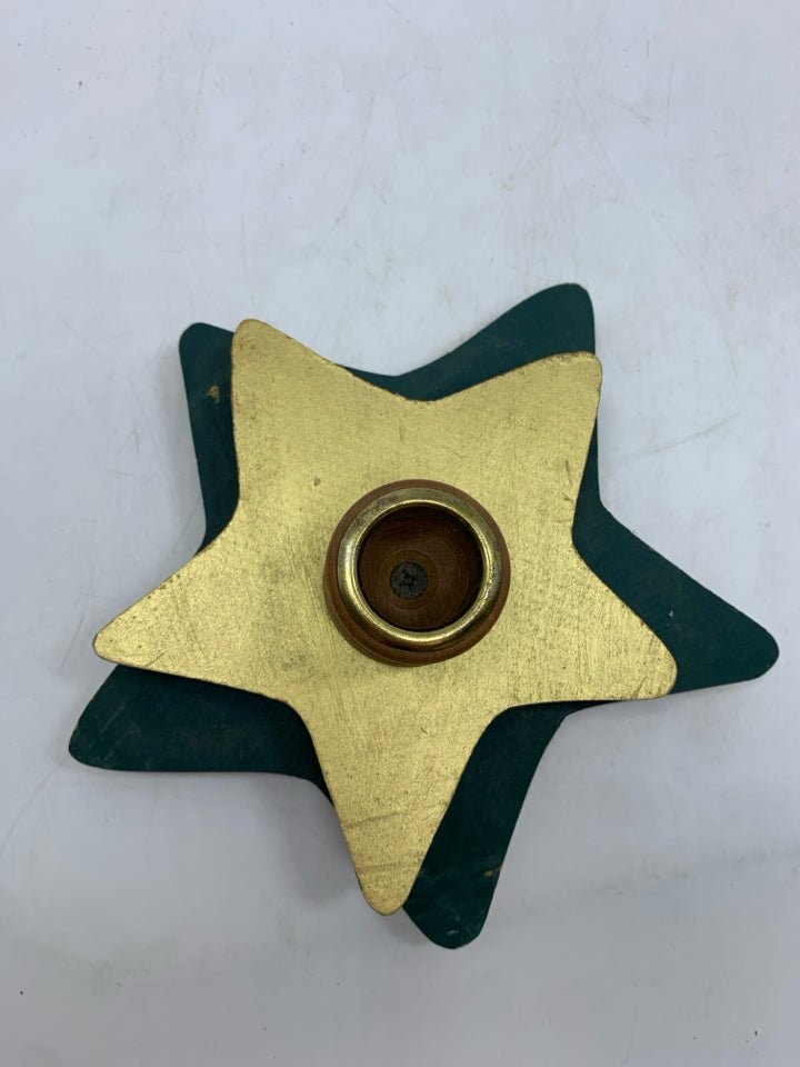 2 WOOD GREEN/GOLD STAR CANDLESTICK HOLDERS.