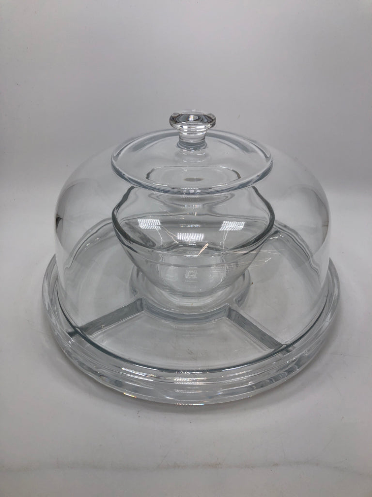 3PC DIVIDED GLASS SERVING DISH W/DOME COVER.