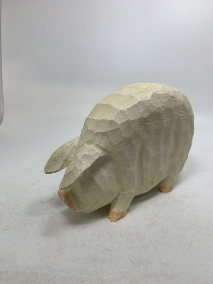 WOOD CARVED WHITE TEXTURED PIG.