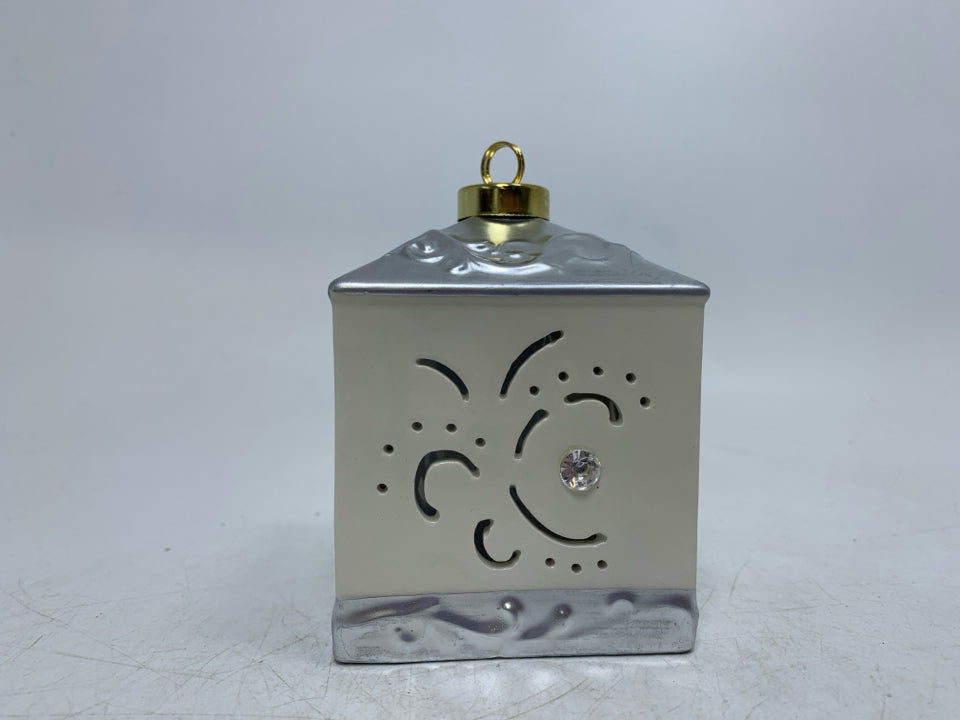 SQUARE PIERCED LIGHT UP CERAMIC ORNAMENT.