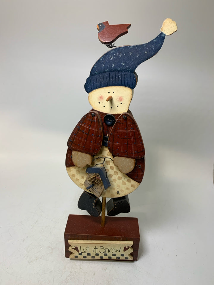 PRIMITIVE STYLE SNOWMAN ON STAND MOVABLE ARMS LET IT SNOW.