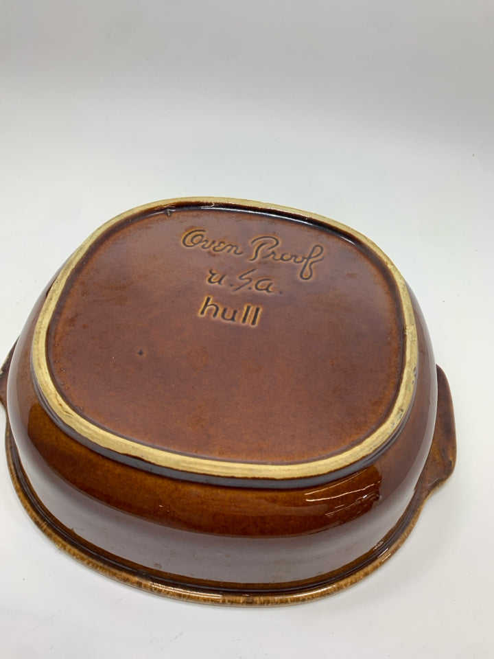 VTG BROWN DRIP GLAZE POTTERY BAKING DISH.