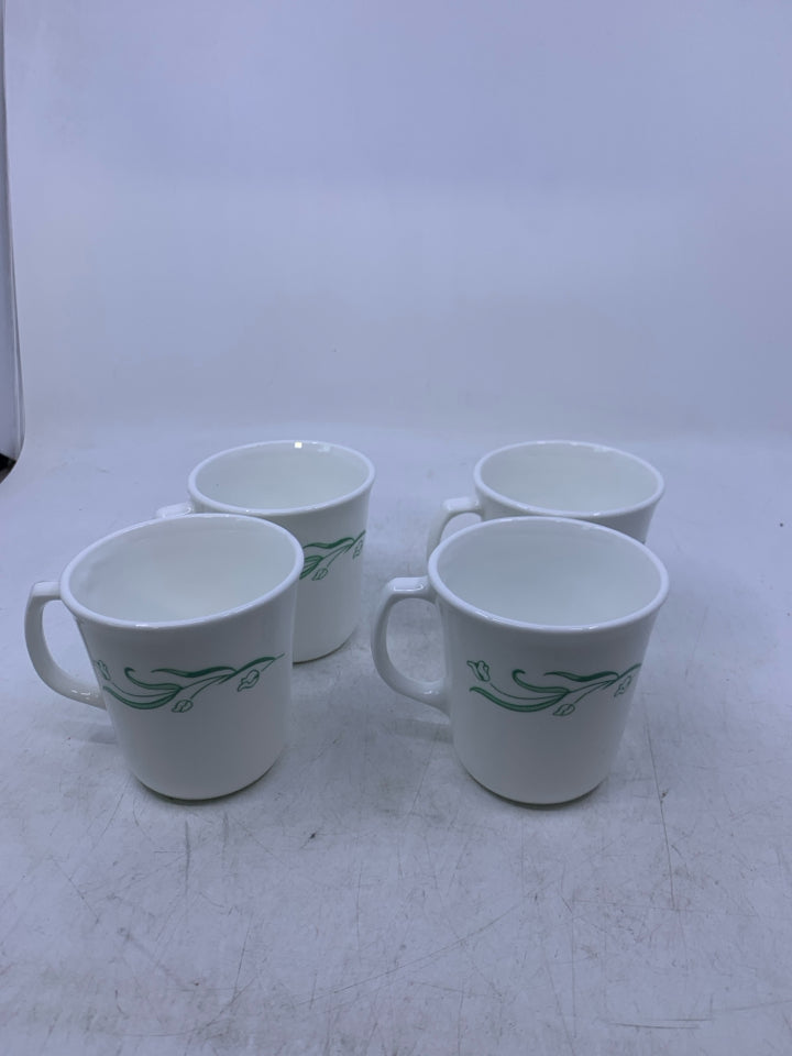 4 WHITE MUGS W/ GREEN TULIPS.