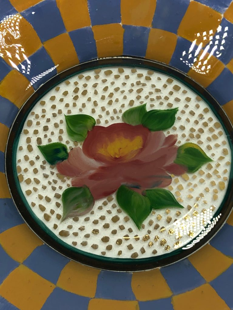 VTG MACKENZIE CHILDS CIRCUS ROSE FLORAL CHECK GLASS SERVER.