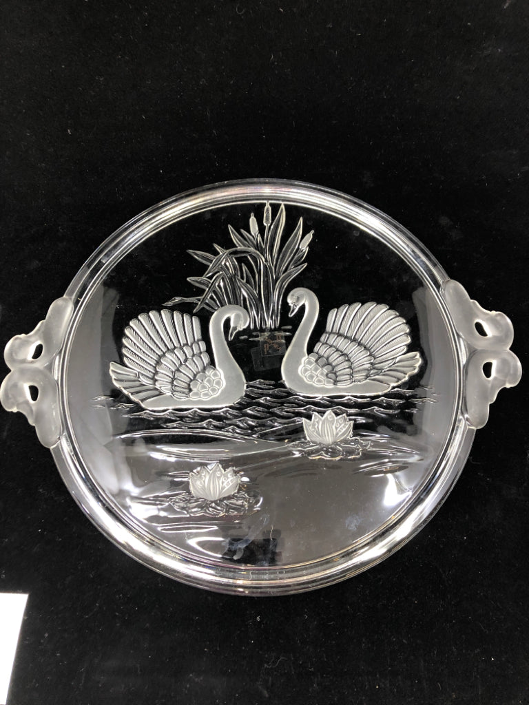 GLASS PLATTER W/ FROSTED SWANS IN A POND.