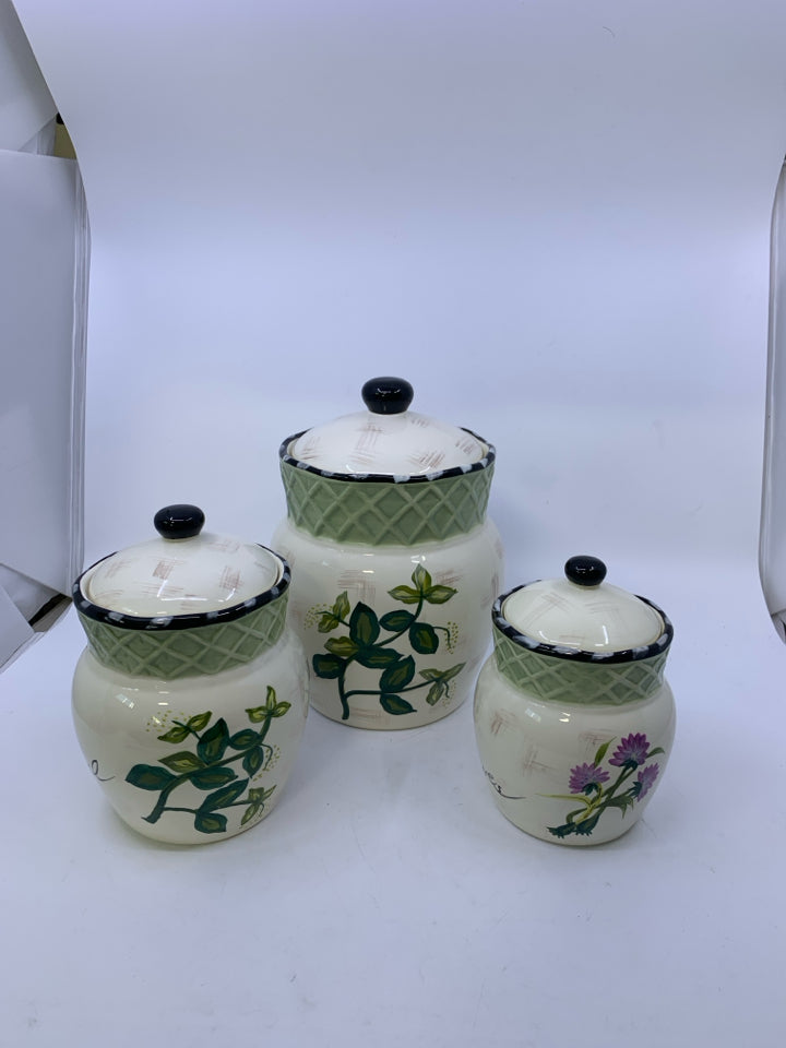 3 SPICE THEMED DISTRESSED WHITE W/ GREEN BAND CANISTER SET.