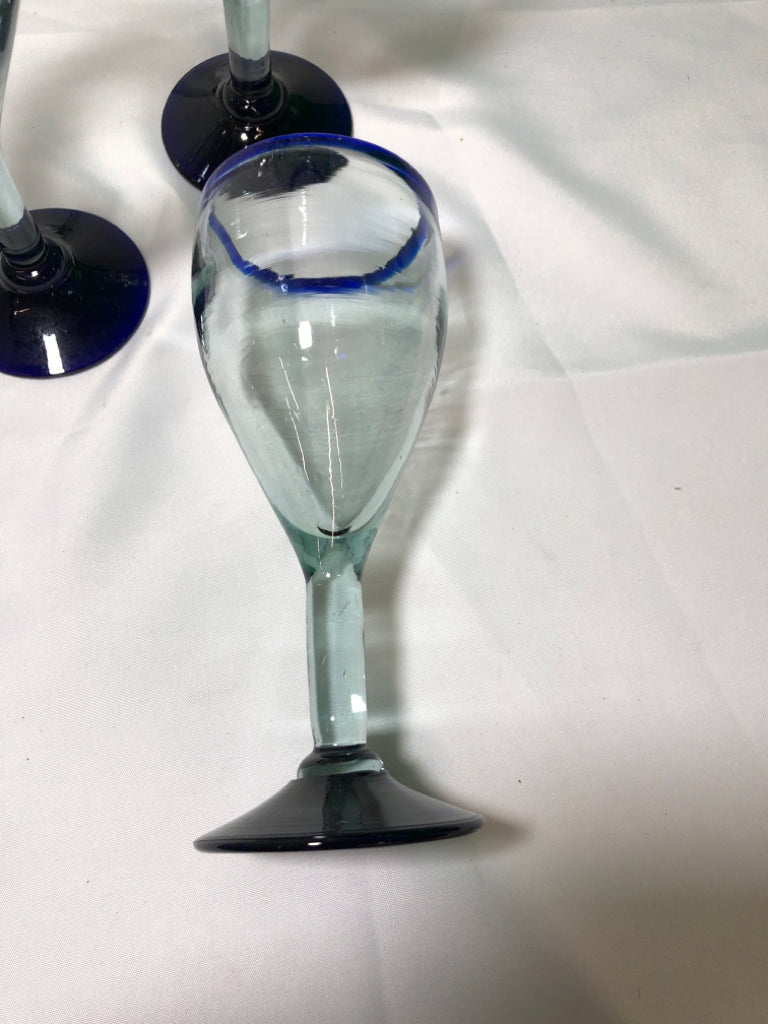5 BLOWN GLASS WHITE GLASSES BLUE RIM/BOTTOM.