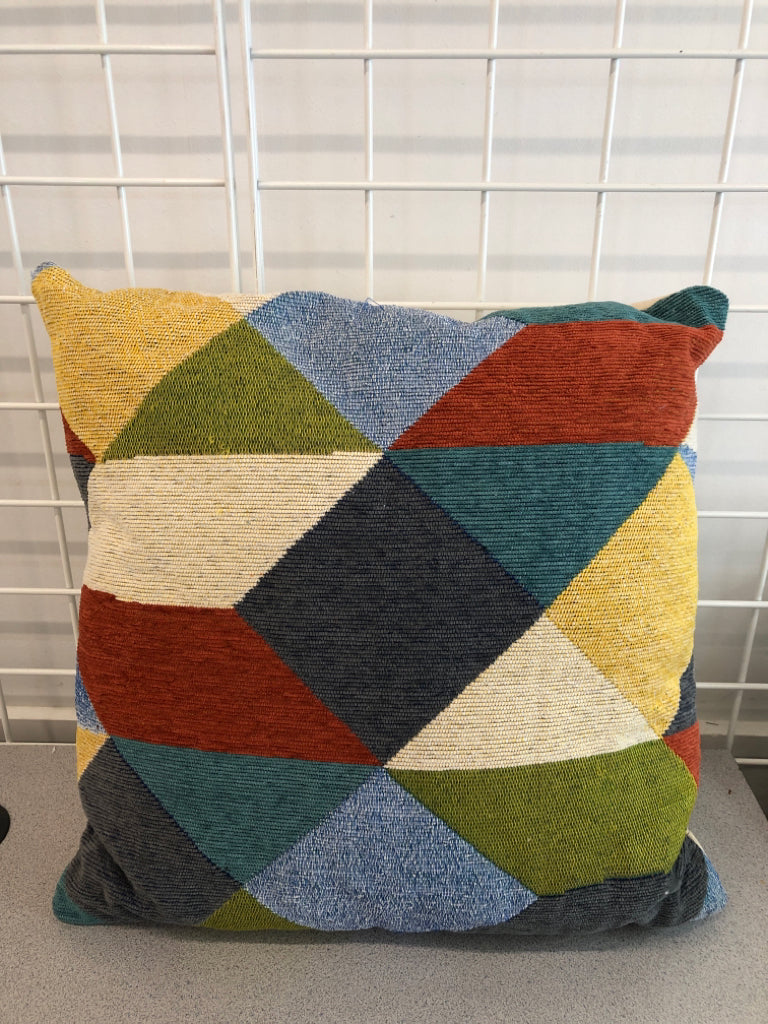 MULTI-COLOR TRIANGULAR ABSTRACT STITCHED PILLOW.