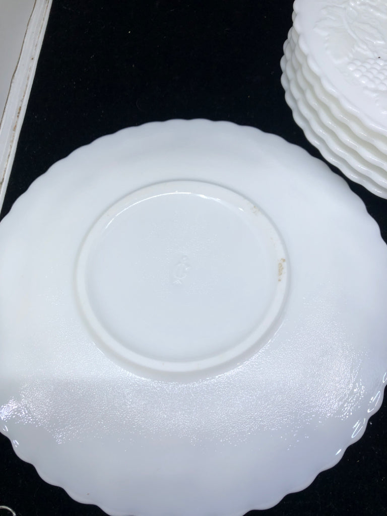 6 VTG MILK GLASS GRAPE EMBOSSED DESSERT PLATES.