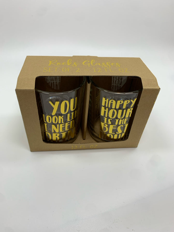 2 NIB HAPPY HOUR GLASSES W/GOLD LETTERING.