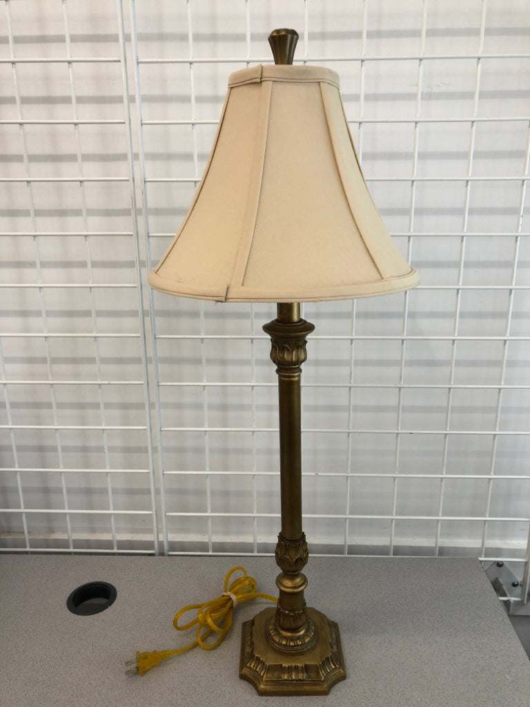 TALL BRASS-PAINTED LAMP W/CREAM SHADE.