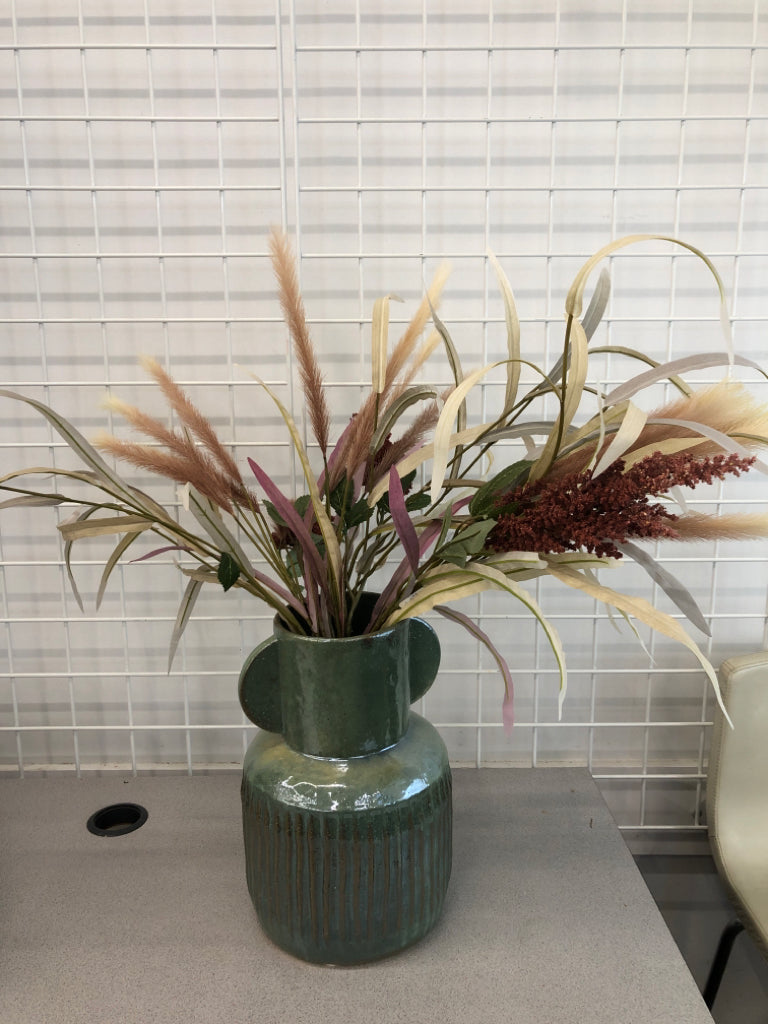LARGE TEAL IRIDESCENT RIBBED BOTTOM VASE W/ FAUX FILLER.