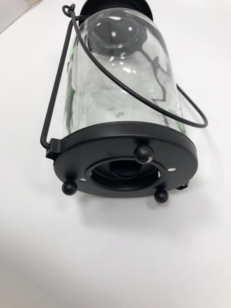 YANKEE CANDLE BLACK METAL AND GLASS VOTIVE LANTERN.