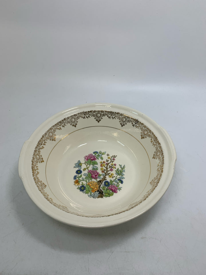 VTG SERVING BOWL W/ TREE COLORFUL FLOWERS IN CENTER GOLD DETAILED EDGE SMALL HAN