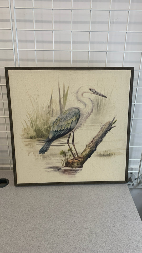 WHITE CRANE CANVAS IN BROWN FRAME.
