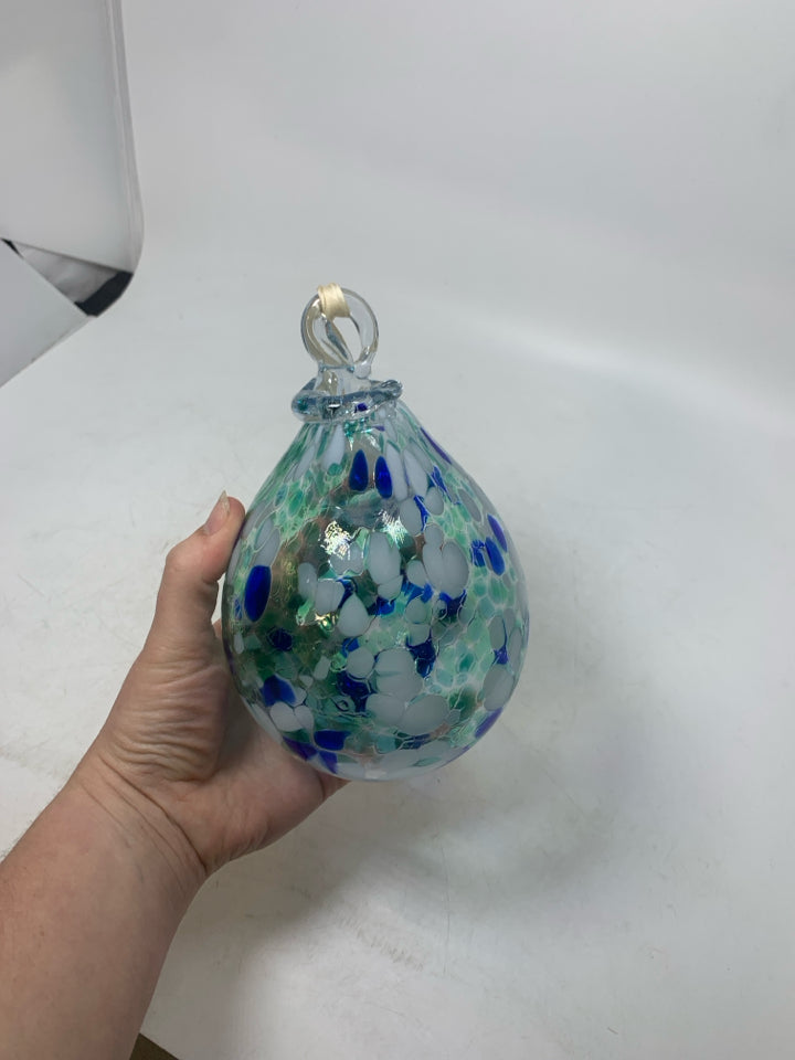 GREEN BLUE WHITE BLOWN GLASS HANGING TEAR DROP ORB.