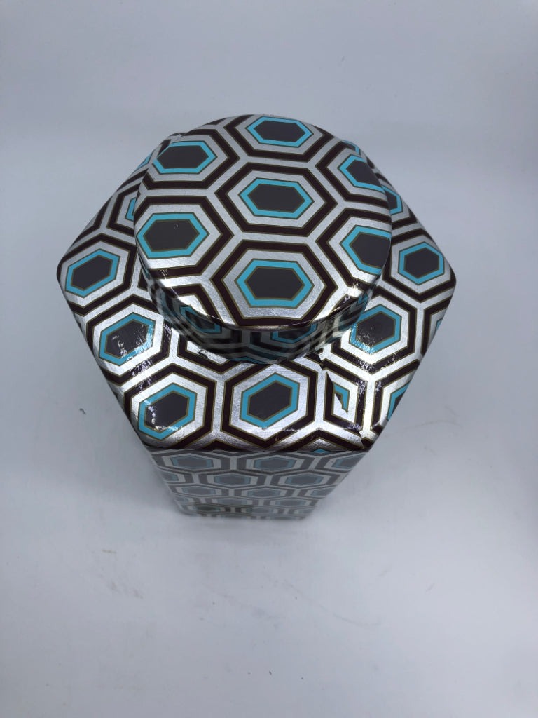 CERAMIC HEXAGON GINGER JAR SILVER W/ BROWN+TEAL DETAILS.